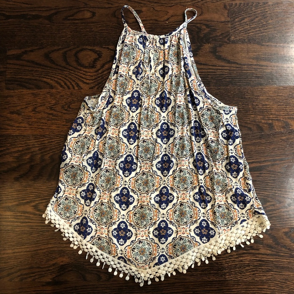 H&M Blue and Cream Bohemian Patterned Halter Tank With Tassels
